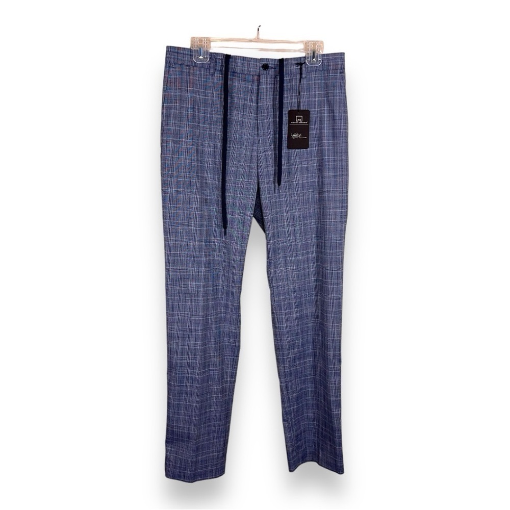 NEW 32x32 MICHAEL STRAHAN PANTS BLUE PLAID GOLF CASUAL DRAWSTRING